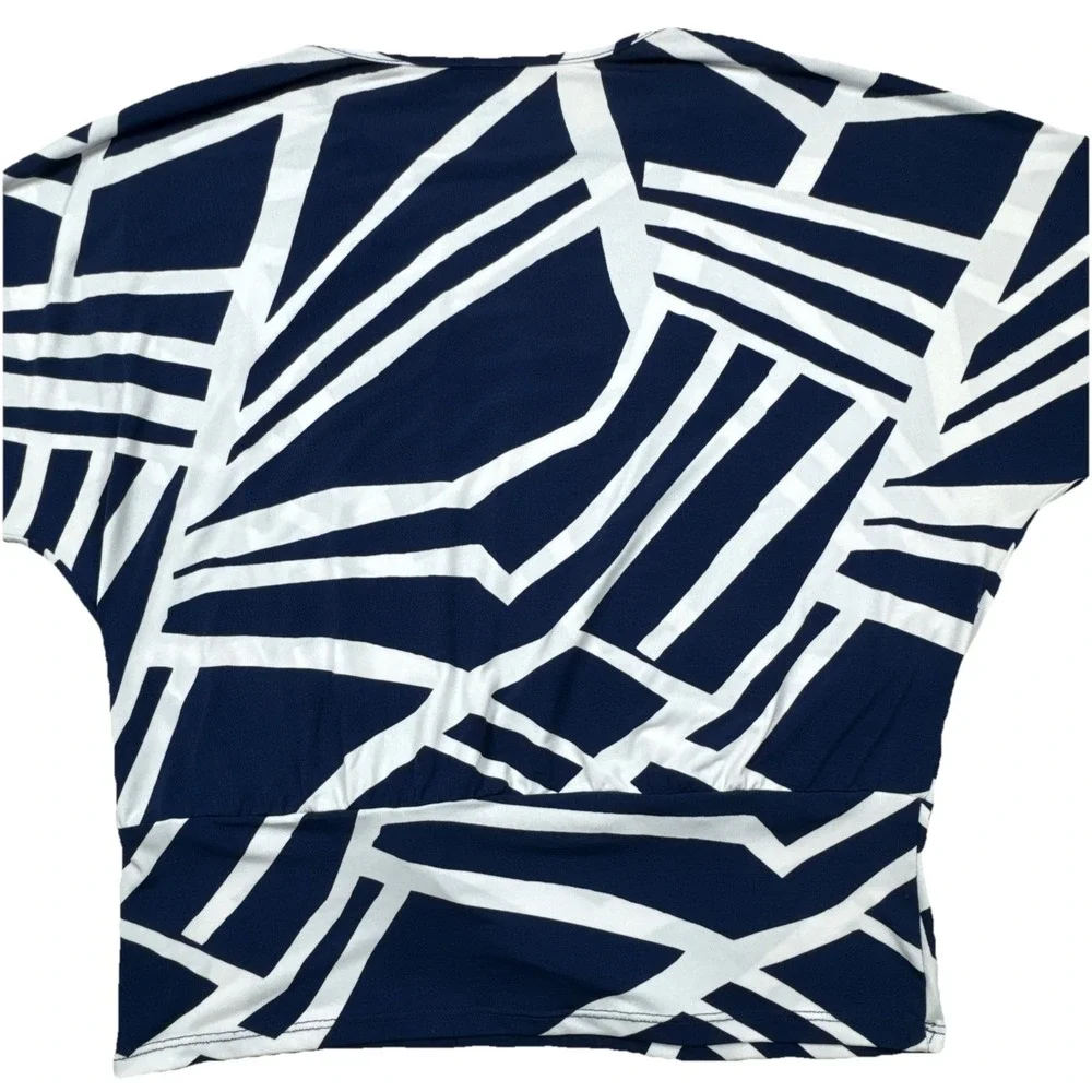 Clara Sun Woo Blue White Geometric Pattern Dolman Sleeve Side Tie Top Large - Picture 8 of 8